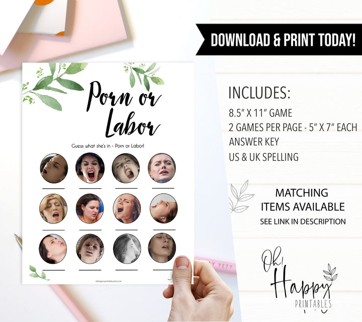 Botanical Porn or Labour Game, Labor or Porn Baby Shower Game, Porn or Labor, Labour or Lovin Baby Shower Game, Baby, Porn or Labor Game, sex face baby games, funny baby shower games 