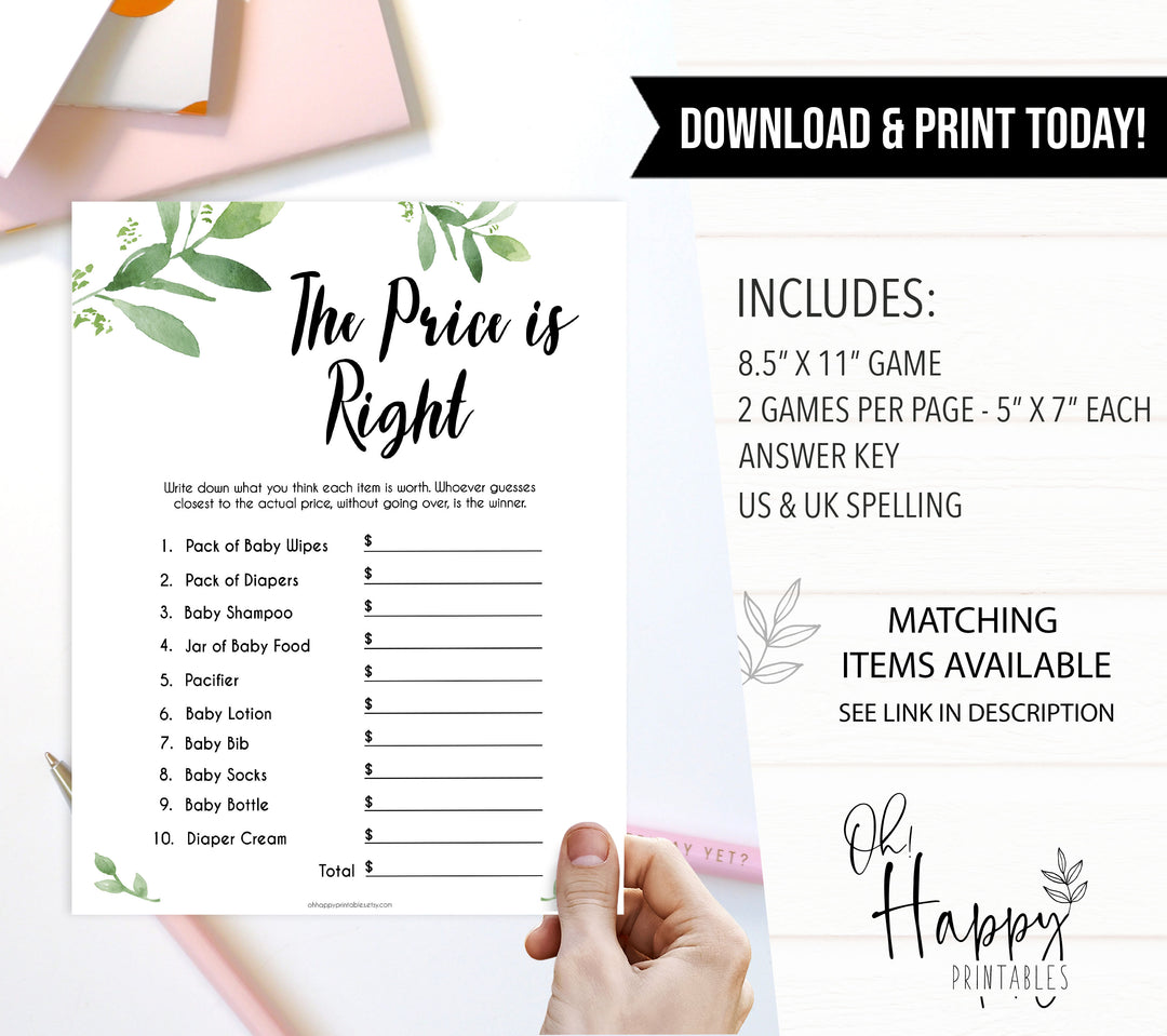 Botanical Price Is Right Baby Shower Game, Gold Guess The Price Games, Eucalyptus Baby Shower Price Games, Green Price Is Right Game
