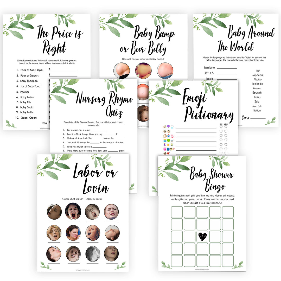 7 botanical printable baby shower games, printable baby shower games, fun baby shower games, popular baby games