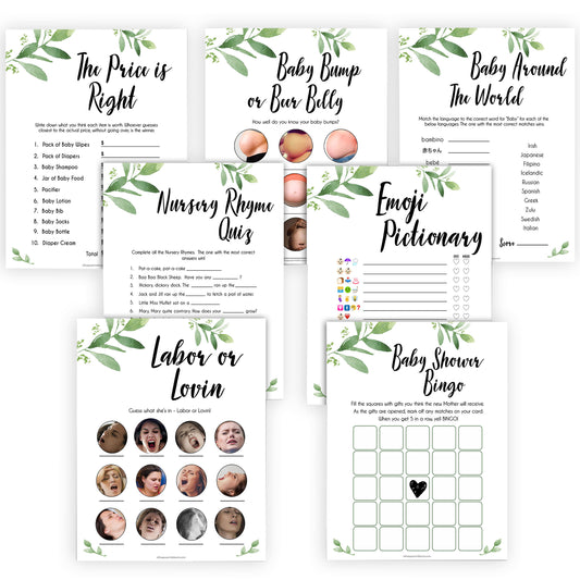 7 botanical printable baby shower games, printable baby shower games, fun baby shower games, popular baby games