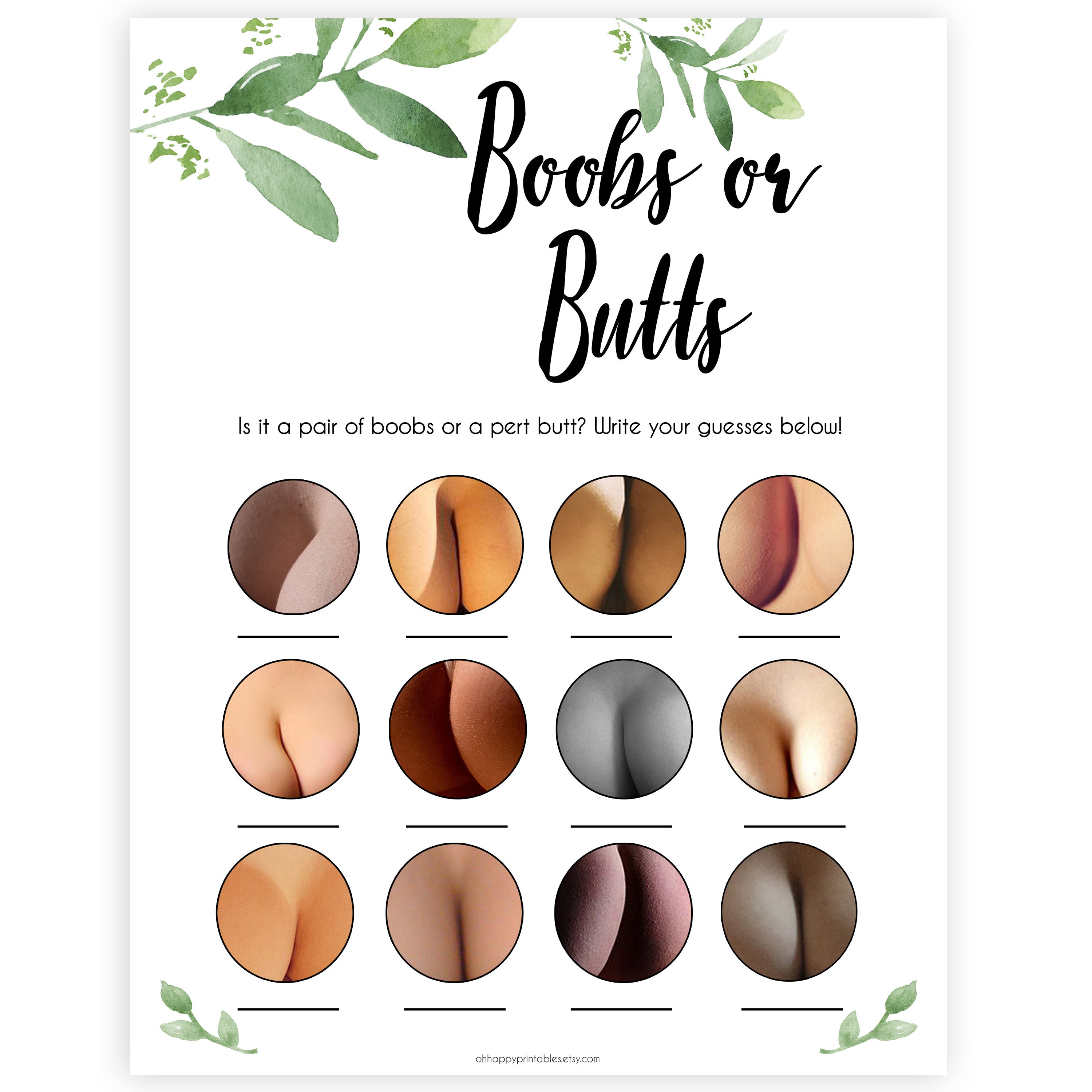 Boobs or Butts Baby Shower Game - Botanical Printable Baby Shower Games –  OhHappyPrintables
