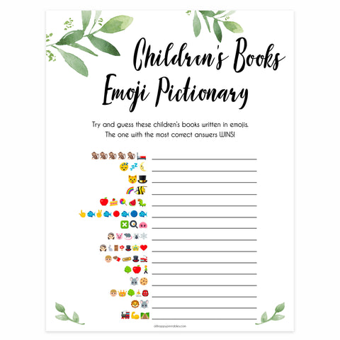 Botanical Childrens Books Emoji Pictionary, Childrens Book Emoji Game, Green Baby Shower Emoji Pictionary, Baby Games, Baby Shower Emoji, fin baby shower games, printable baby shower games