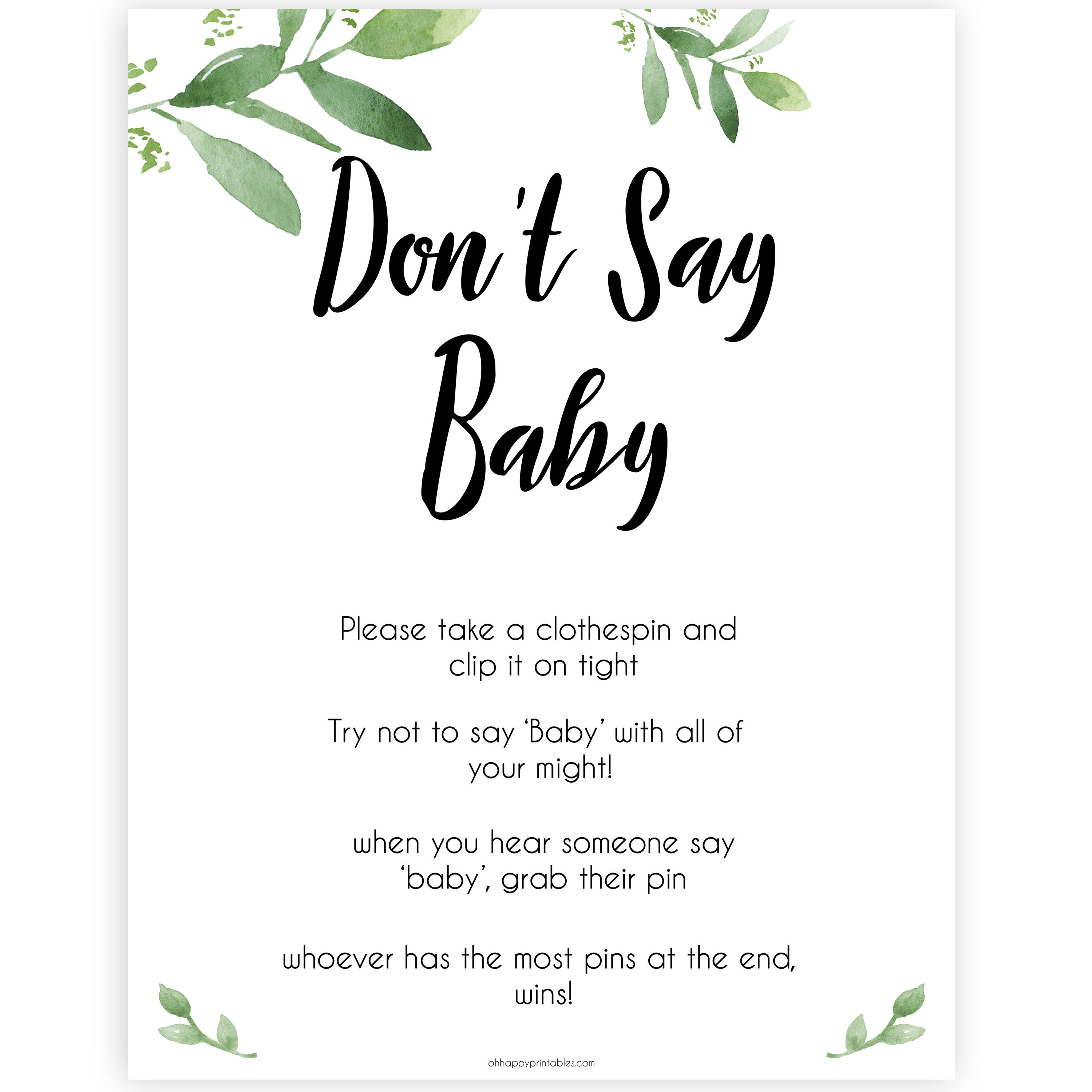 Botanical Don't Say Baby, Don't Say Baby Sign, Greenery Don't Say Baby Game, Baby Shower Games, Green Dont Say Game, Greenery Baby Shower