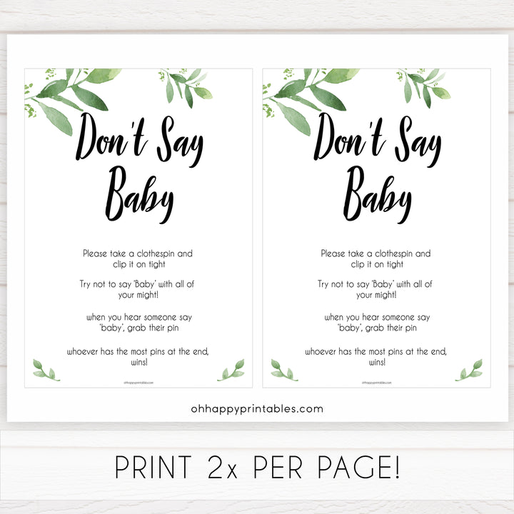 Botanical Don't Say Baby, Don't Say Baby Sign, Greenery Don't Say Baby Game, Baby Shower Games, Green Dont Say Game, Greenery Baby Shower