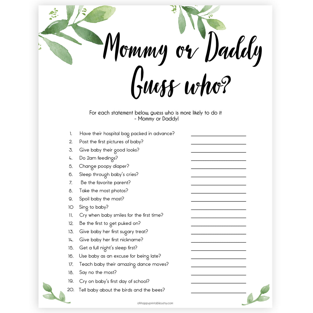 botanical guess who baby games, mommy or daddy guess who game, printable baby shower games, fun baby shower games, popular baby shower games