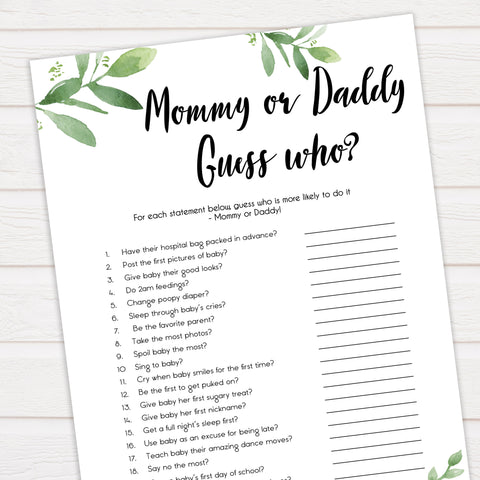 botanical guess who baby games, mommy or daddy guess who game, printable baby shower games, fun baby shower games, popular baby shower games