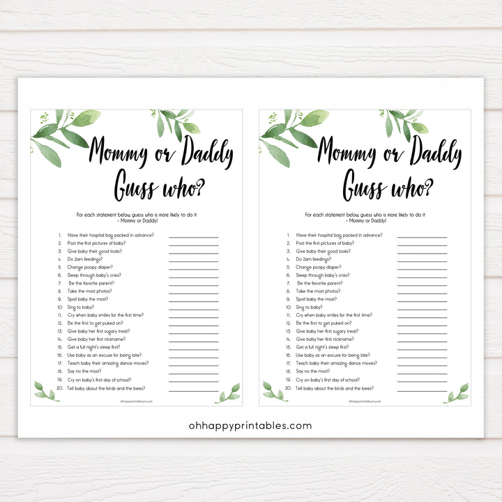botanical guess who baby games, mommy or daddy guess who game, printable baby shower games, fun baby shower games, popular baby shower games