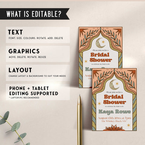 60s Gypsy Boho-inspired editable bridal shower invitation is the perfect way to add a touch of free-spirited charm to your special day