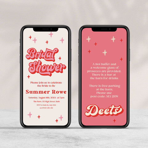 editable bridal shower invitation in a 70s style. Easy to edit and download and ready to send to friends via WhatsApp, Facebook, or SMS