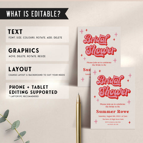 editable 70s style bridal shower invitation. Fully editable bridal shower invitation to be printed at home or printed with a print shop