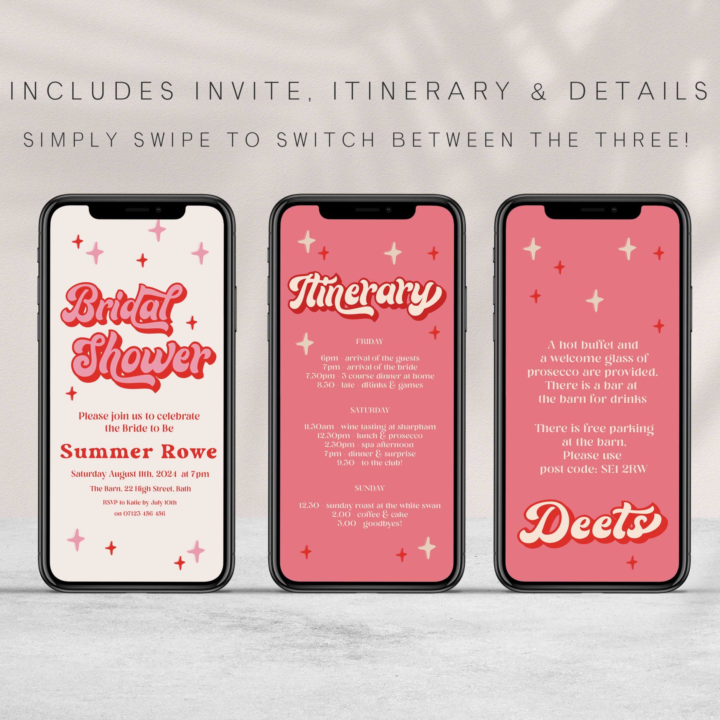 editable bridal shower invitation in a 70s style. Easy to edit and download and ready to send to friends via WhatsApp, Facebook, or SMS