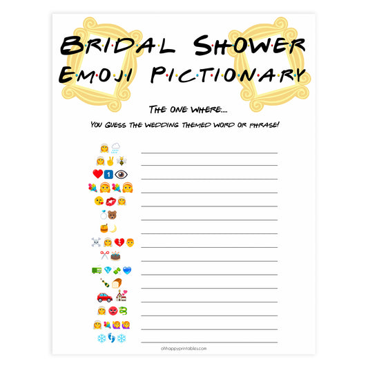 bridal emoji pictionary game, Printable bridal shower games, friends bridal shower, friends bridal shower games, fun bridal shower games, bridal shower game ideas, friends bridal shower