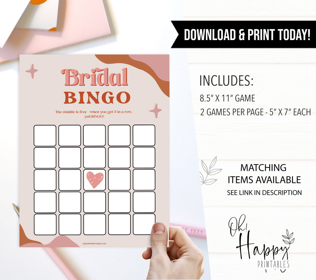 bridal bingo game, 70s retro bridal shower, retro bridal shower games, modern 70s bridal collection, 70s bridal shower, printable bridal games