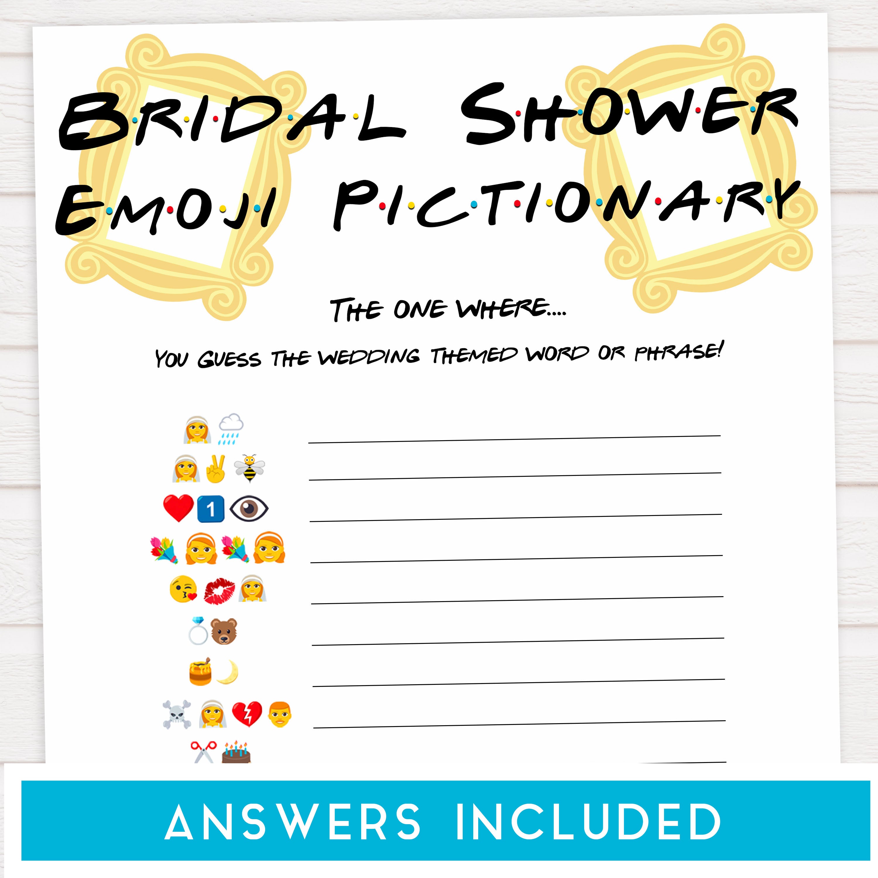 bridal emoji pictionary game, Printable bridal shower games, friends bridal shower, friends bridal shower games, fun bridal shower games, bridal shower game ideas, friends bridal shower
