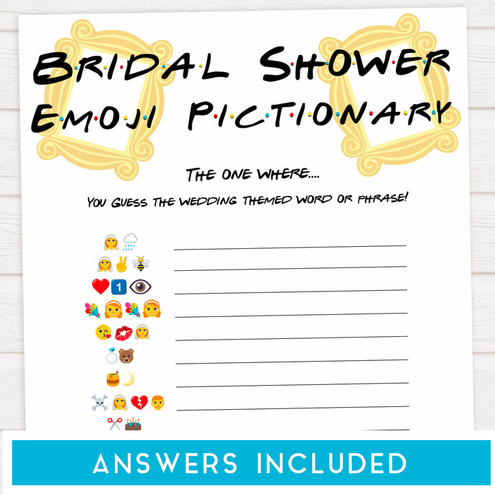 bridal emoji pictionary game, Printable bridal shower games, friends bridal shower, friends bridal shower games, fun bridal shower games, bridal shower game ideas, friends bridal shower
