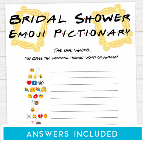 bridal emoji pictionary game, Printable bridal shower games, friends bridal shower, friends bridal shower games, fun bridal shower games, bridal shower game ideas, friends bridal shower