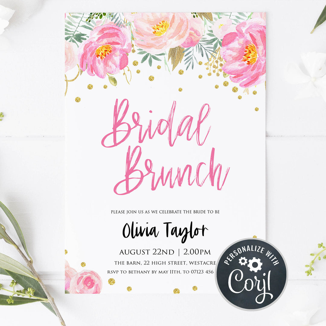 editable bridal brunch invite, blush gold bachelorette invitation, editable bridal shower invitations, corjl invite, bachelorette party invite, floral bridal invite
