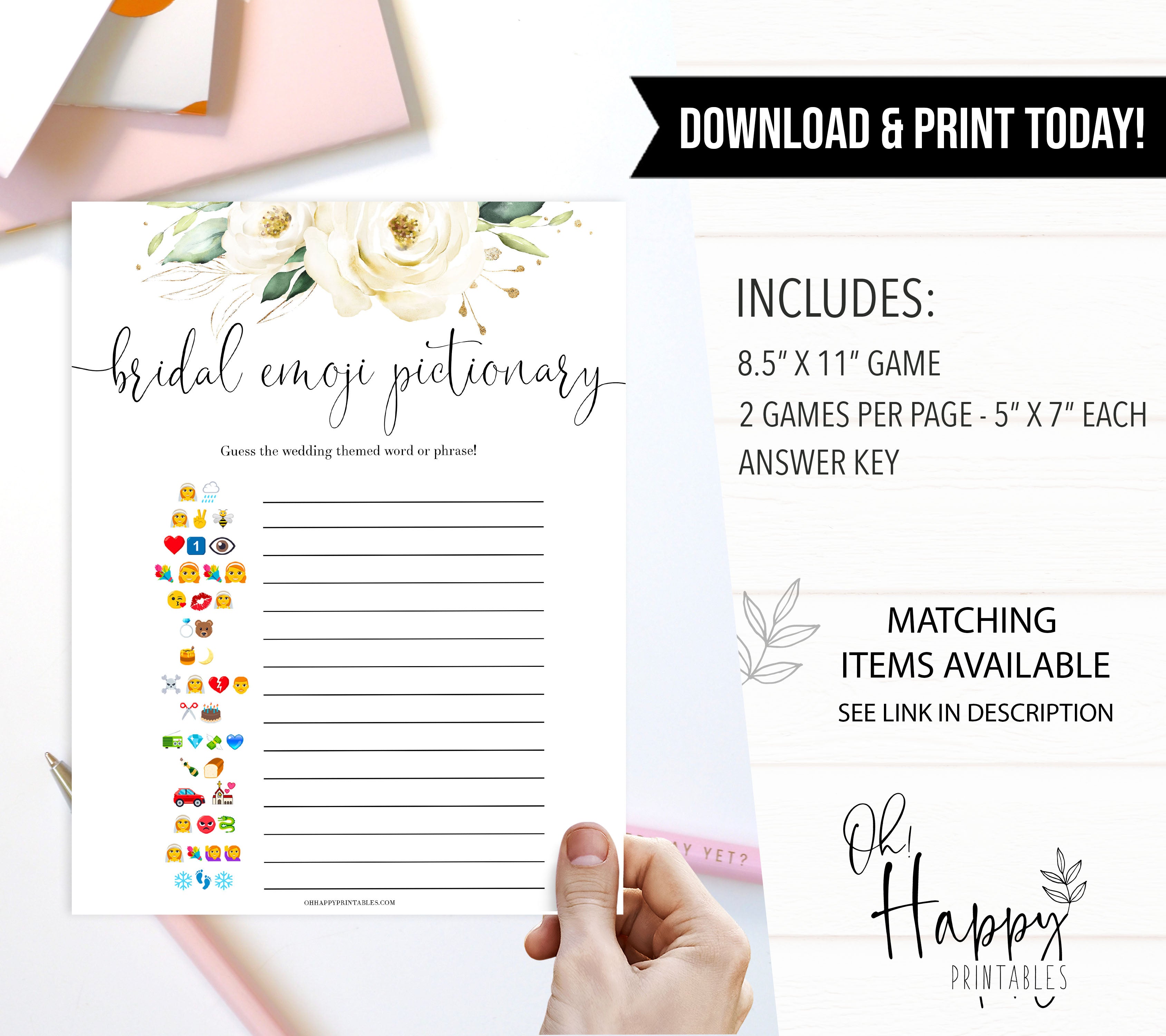 bridal shower emoji pictionary game, Printable bridal shower games, floral bridal shower, floral bridal shower games, fun bridal shower games, bridal shower game ideas, floral bridal shower