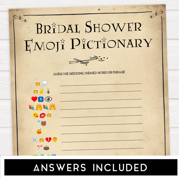 bridal shower emoji pictionary, bridal pictionary game, Printable bridal shower games, Harry potter bridal shower, Harry Potter bridal shower games, fun bridal shower games, bridal shower game ideas, Harry Potter bridal shower