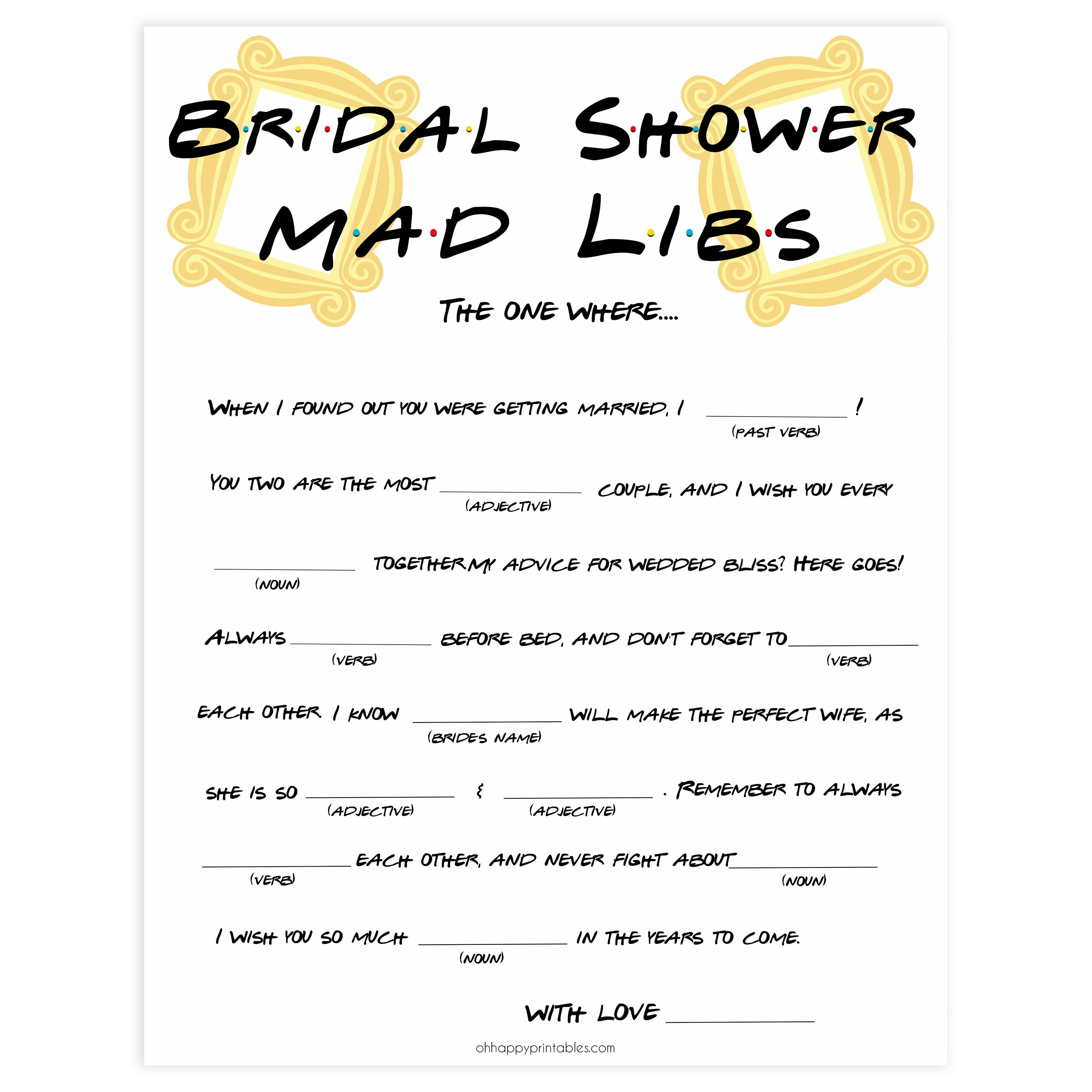 bridal madlibs mad libs game, Printable bridal shower games, friends bridal shower, friends bridal shower games, fun bridal shower games, bridal shower game ideas, friends bridal shower