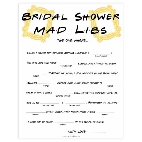 bridal madlibs mad libs game, Printable bridal shower games, friends bridal shower, friends bridal shower games, fun bridal shower games, bridal shower game ideas, friends bridal shower