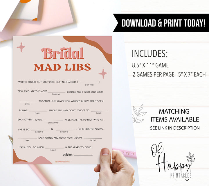 bridal mad libs game, 70s retro bridal shower, retro bridal shower games, modern 70s bridal collection, 70s bridal shower, printable bridal games
