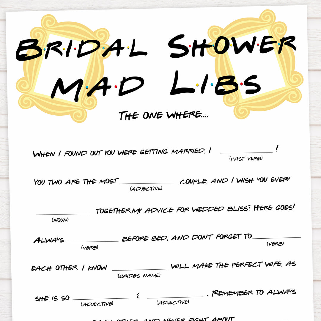 bridal madlibs mad libs game, Printable bridal shower games, friends bridal shower, friends bridal shower games, fun bridal shower games, bridal shower game ideas, friends bridal shower