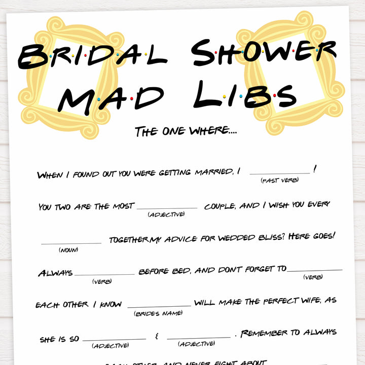 bridal madlibs mad libs game, Printable bridal shower games, friends bridal shower, friends bridal shower games, fun bridal shower games, bridal shower game ideas, friends bridal shower