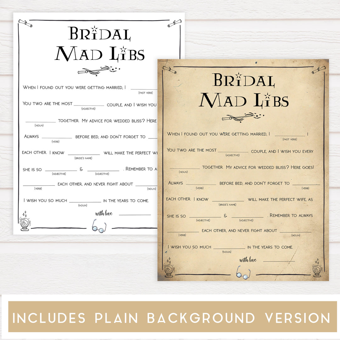 bridal mad libs game, Printable bridal shower games, Harry potter bridal shower, Harry Potter bridal shower games, fun bridal shower games, bridal shower game ideas, Harry Potter bridal shower