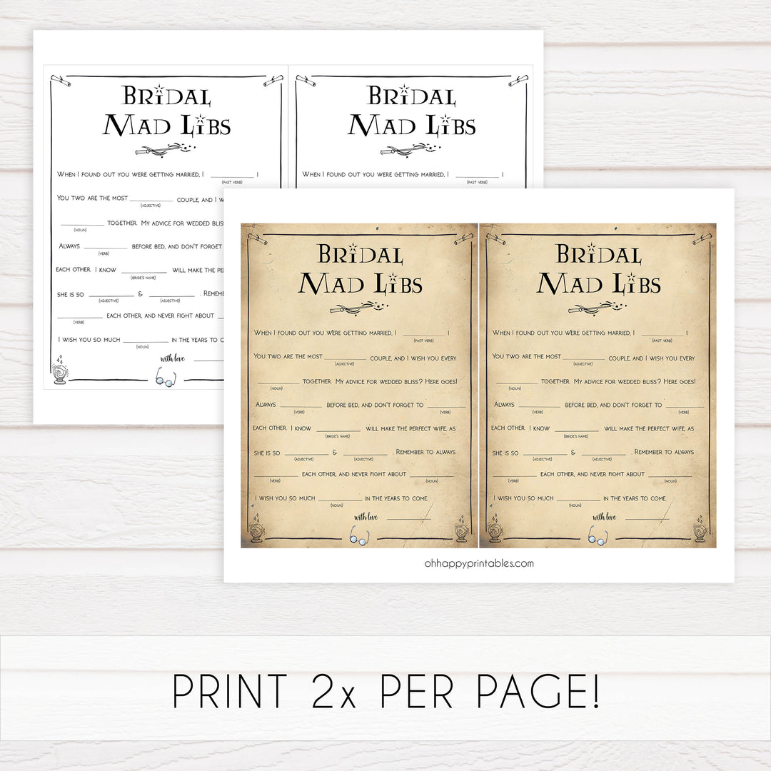 bridal mad libs game, Printable bridal shower games, Harry potter bridal shower, Harry Potter bridal shower games, fun bridal shower games, bridal shower game ideas, Harry Potter bridal shower