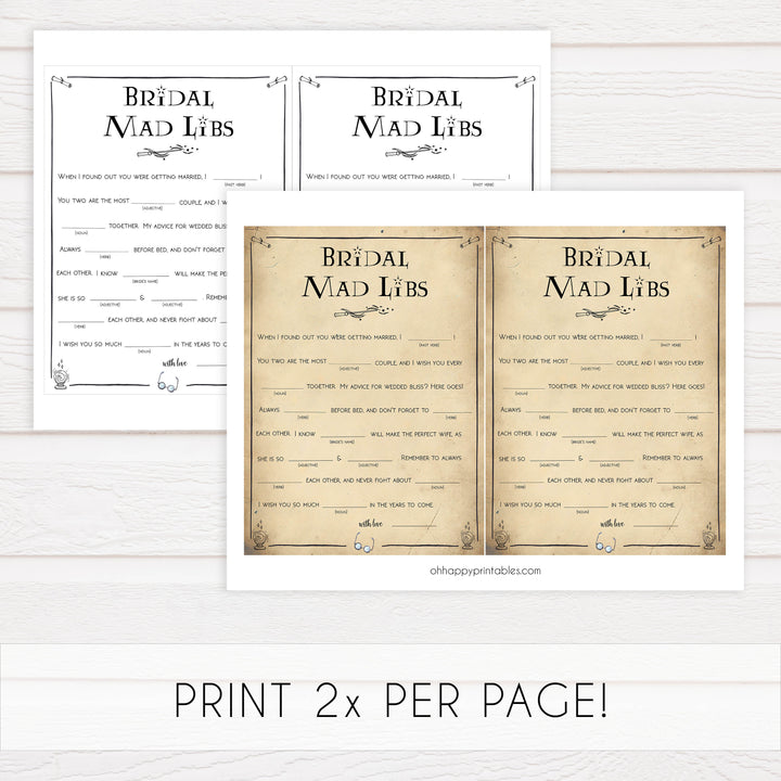 bridal mad libs game, Printable bridal shower games, Harry potter bridal shower, Harry Potter bridal shower games, fun bridal shower games, bridal shower game ideas, Harry Potter bridal shower