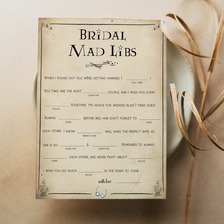 bridal mad libs game, Printable bridal shower games, Harry potter bridal shower, Harry Potter bridal shower games, fun bridal shower games, bridal shower game ideas, Harry Potter bridal shower