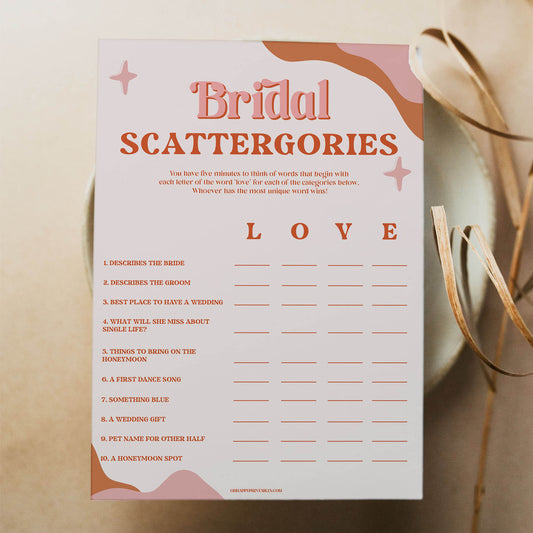 bridal scattergories game, 70s retro bridal shower, retro bridal shower games, modern 70s bridal collection, 70s bridal shower, printable bridal games