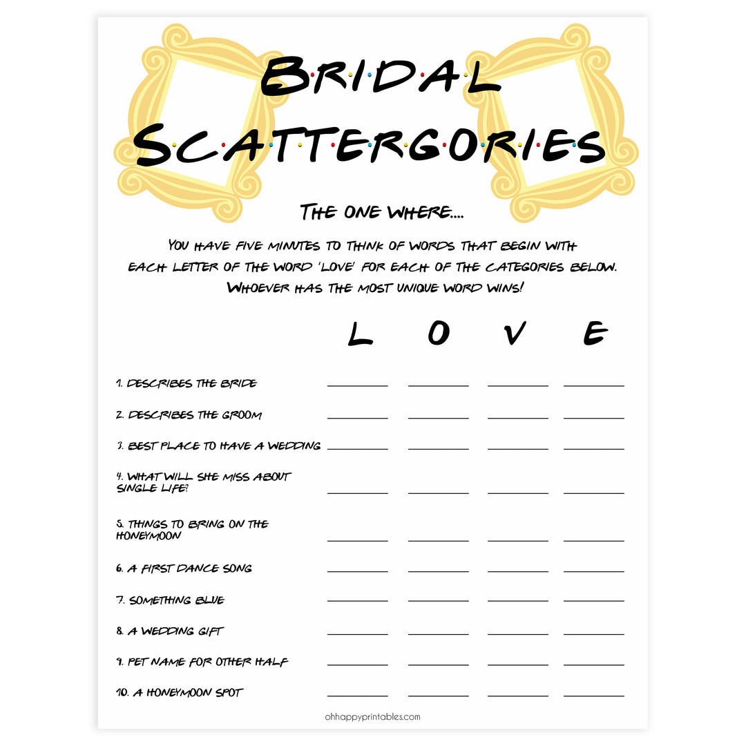 bridal scattergories, Printable bridal shower games, friends bridal shower, friends bridal shower games, fun bridal shower games, bridal shower game ideas, friends bridal shower