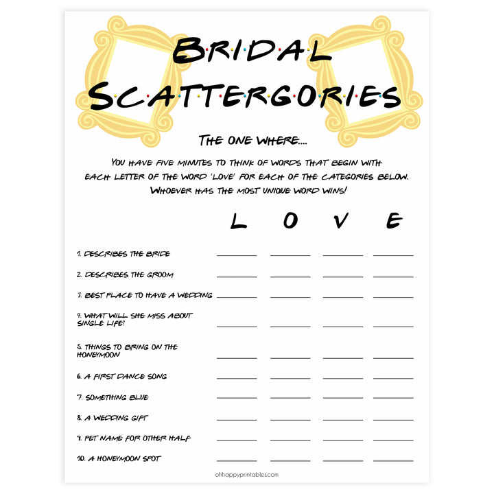 bridal scattergories, Printable bridal shower games, friends bridal shower, friends bridal shower games, fun bridal shower games, bridal shower game ideas, friends bridal shower
