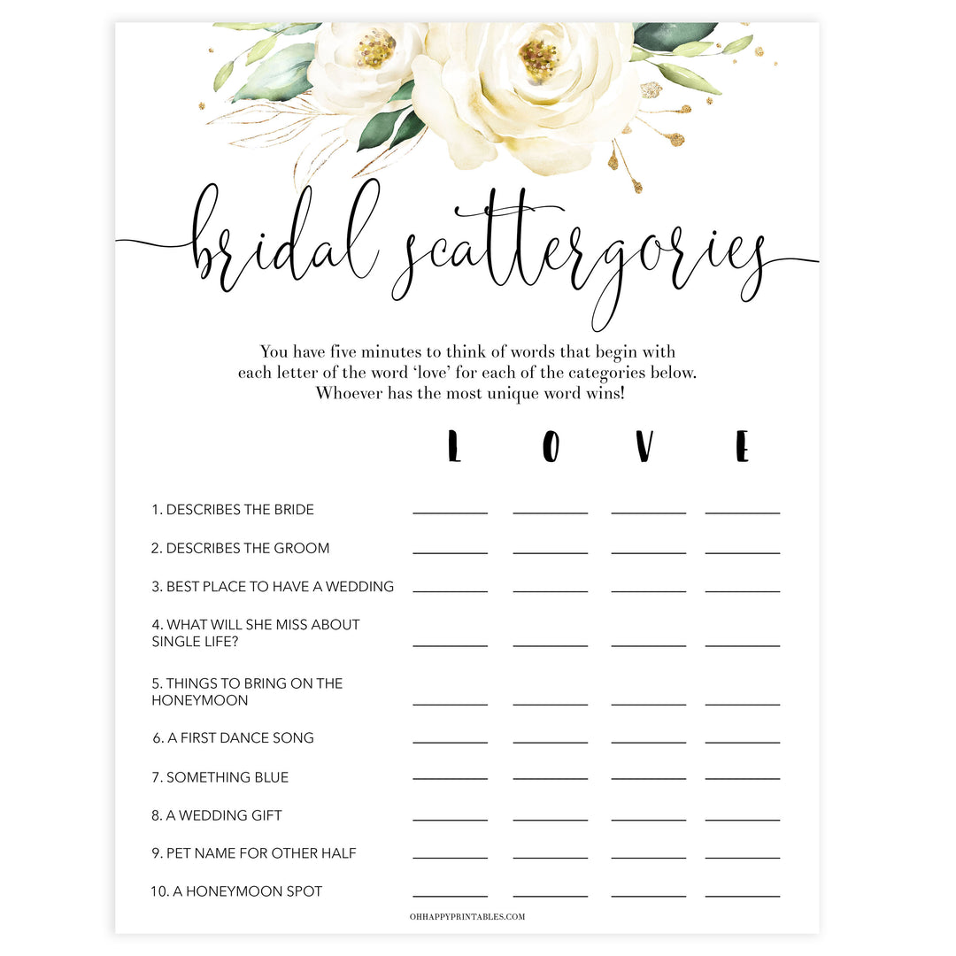 bridal shower scattergories game, Printable bridal shower games, floral bridal shower, floral bridal shower games, fun bridal shower games, bridal shower game ideas, floral bridal shower
