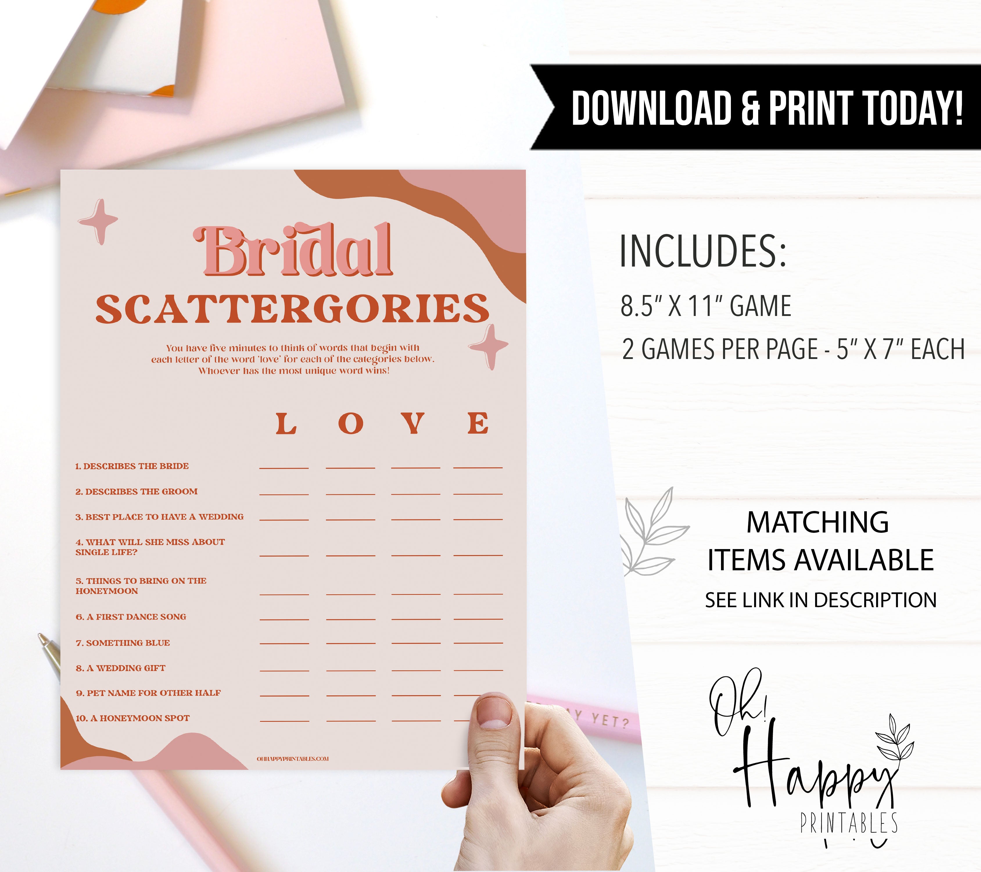 bridal scattergories game, 70s retro bridal shower, retro bridal shower games, modern 70s bridal collection, 70s bridal shower, printable bridal games