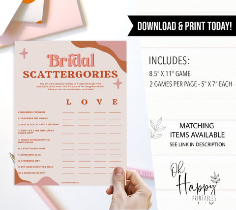 bridal scattergories game, 70s retro bridal shower, retro bridal shower games, modern 70s bridal collection, 70s bridal shower, printable bridal games