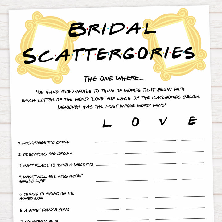 bridal scattergories, Printable bridal shower games, friends bridal shower, friends bridal shower games, fun bridal shower games, bridal shower game ideas, friends bridal shower