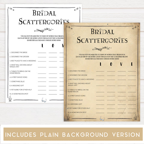 bridal scattergories game, Printable bridal shower games, Harry potter bridal shower, Harry Potter bridal shower games, fun bridal shower games, bridal shower game ideas, Harry Potter bridal shower