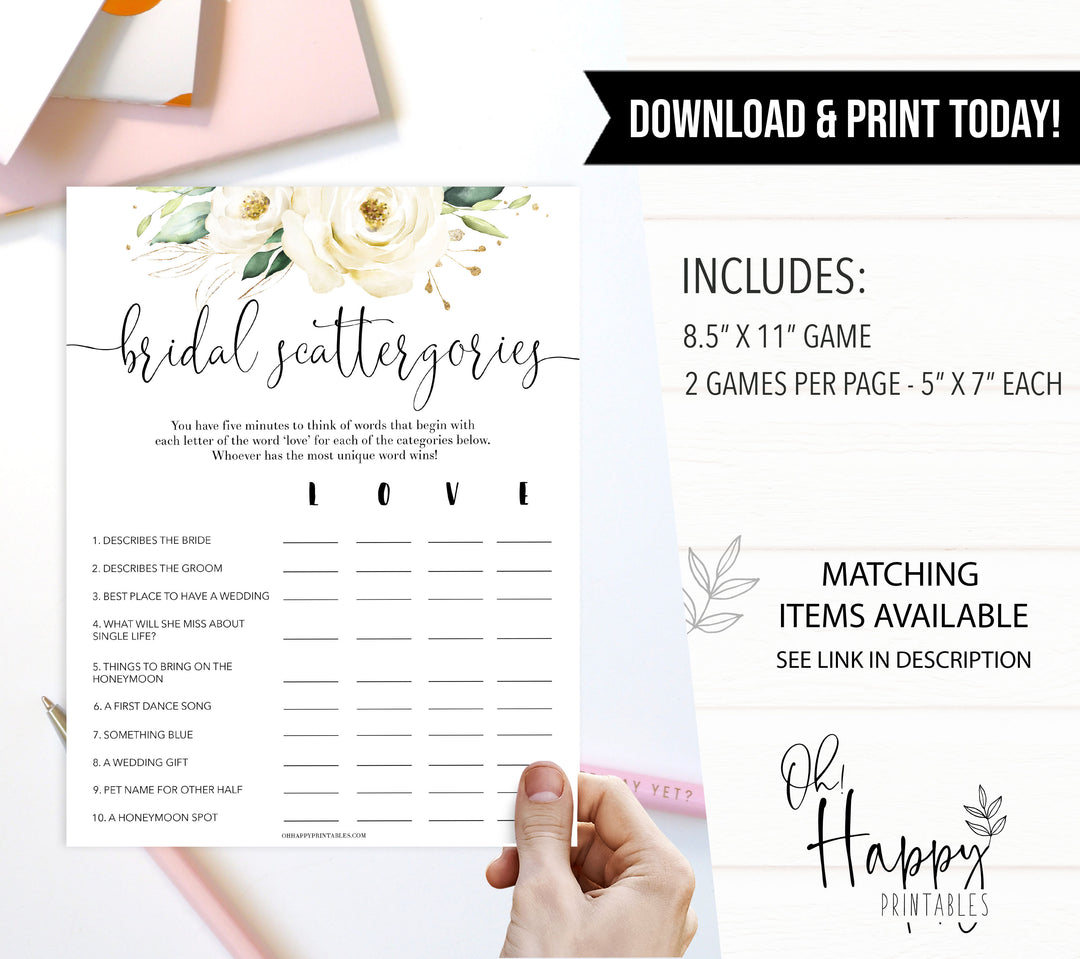 bridal shower scattergories game, Printable bridal shower games, floral bridal shower, floral bridal shower games, fun bridal shower games, bridal shower game ideas, floral bridal shower