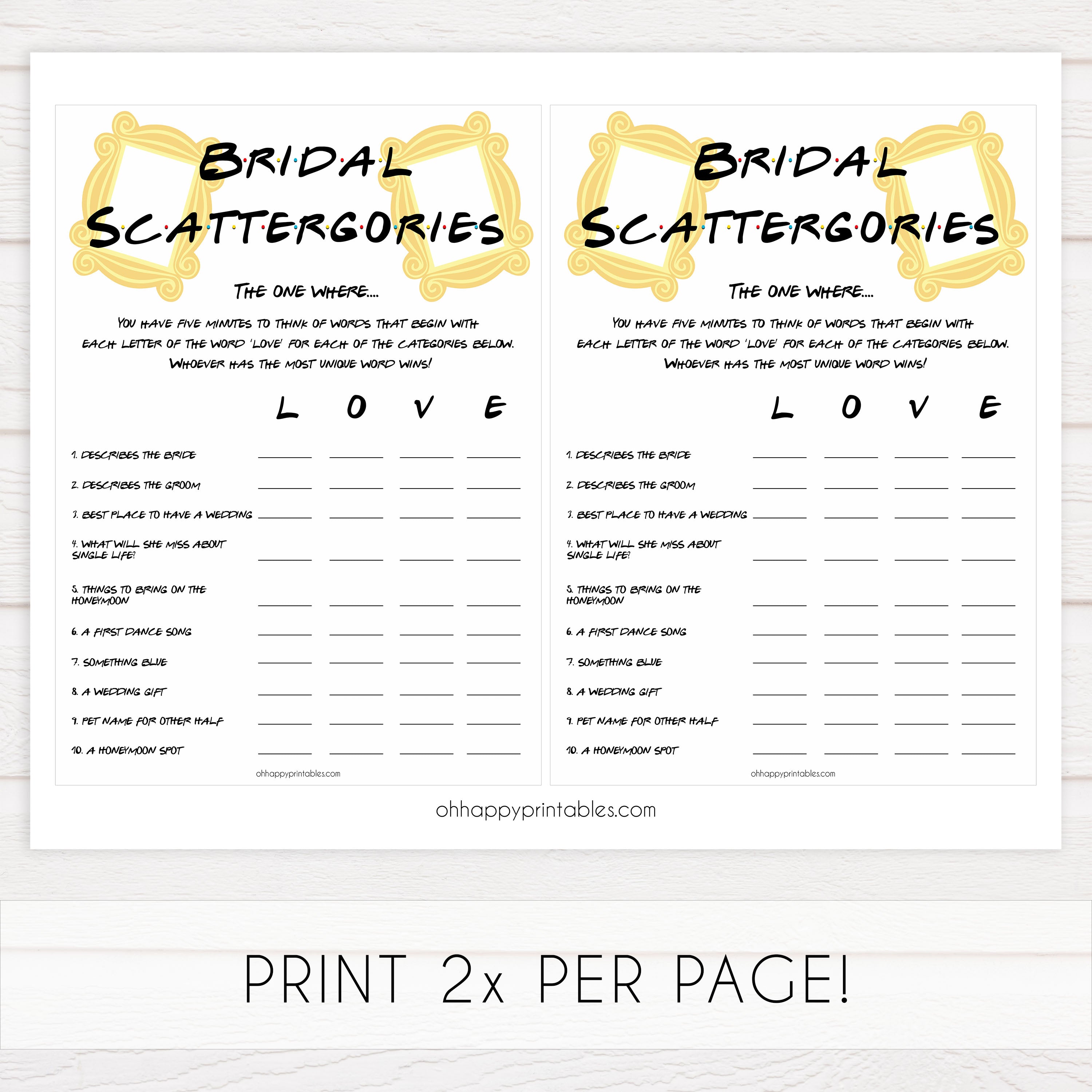 bridal scattergories, Printable bridal shower games, friends bridal shower, friends bridal shower games, fun bridal shower games, bridal shower game ideas, friends bridal shower