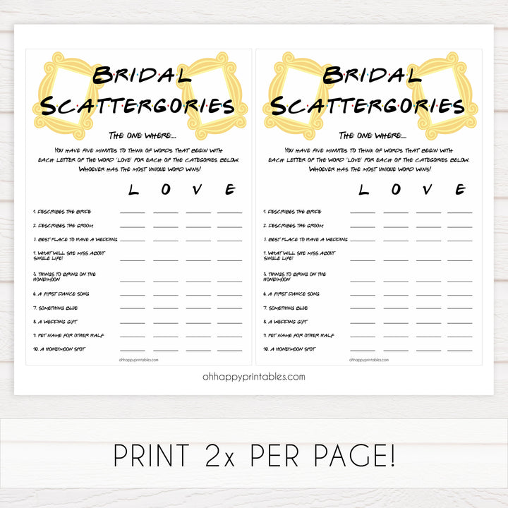 bridal scattergories, Printable bridal shower games, friends bridal shower, friends bridal shower games, fun bridal shower games, bridal shower game ideas, friends bridal shower