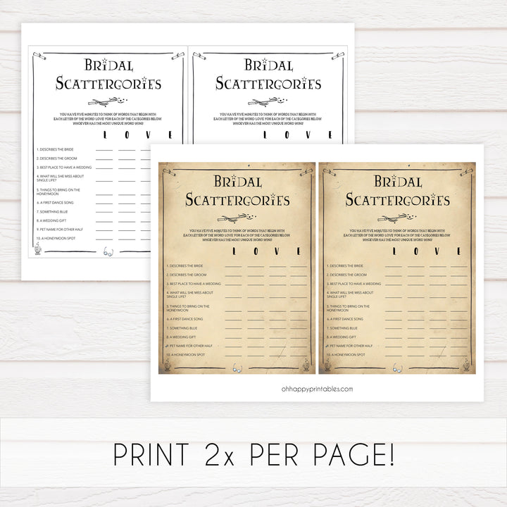 bridal scattergories game, Printable bridal shower games, Harry potter bridal shower, Harry Potter bridal shower games, fun bridal shower games, bridal shower game ideas, Harry Potter bridal shower