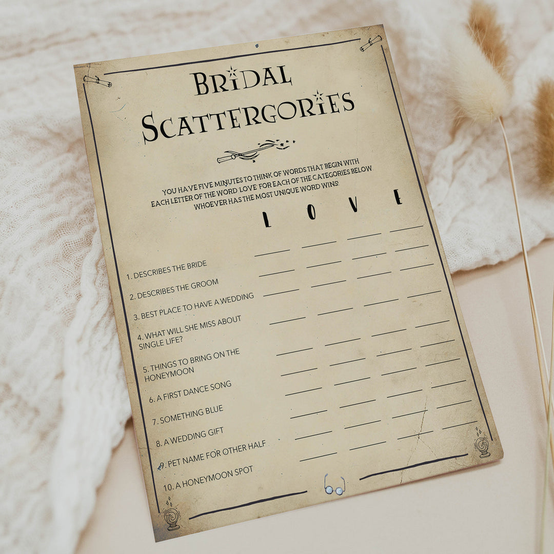 bridal scattergories game, Printable bridal shower games, Harry potter bridal shower, Harry Potter bridal shower games, fun bridal shower games, bridal shower game ideas, Harry Potter bridal shower