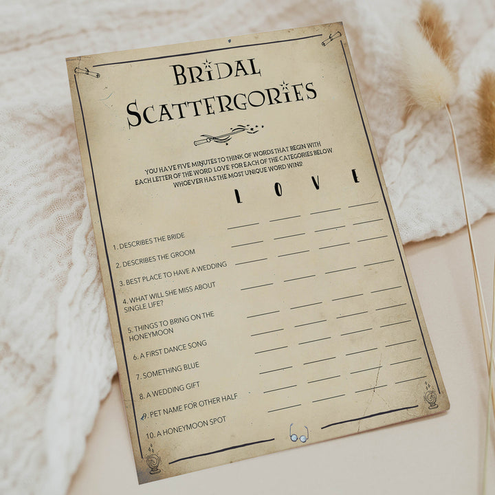 bridal scattergories game, Printable bridal shower games, Harry potter bridal shower, Harry Potter bridal shower games, fun bridal shower games, bridal shower game ideas, Harry Potter bridal shower