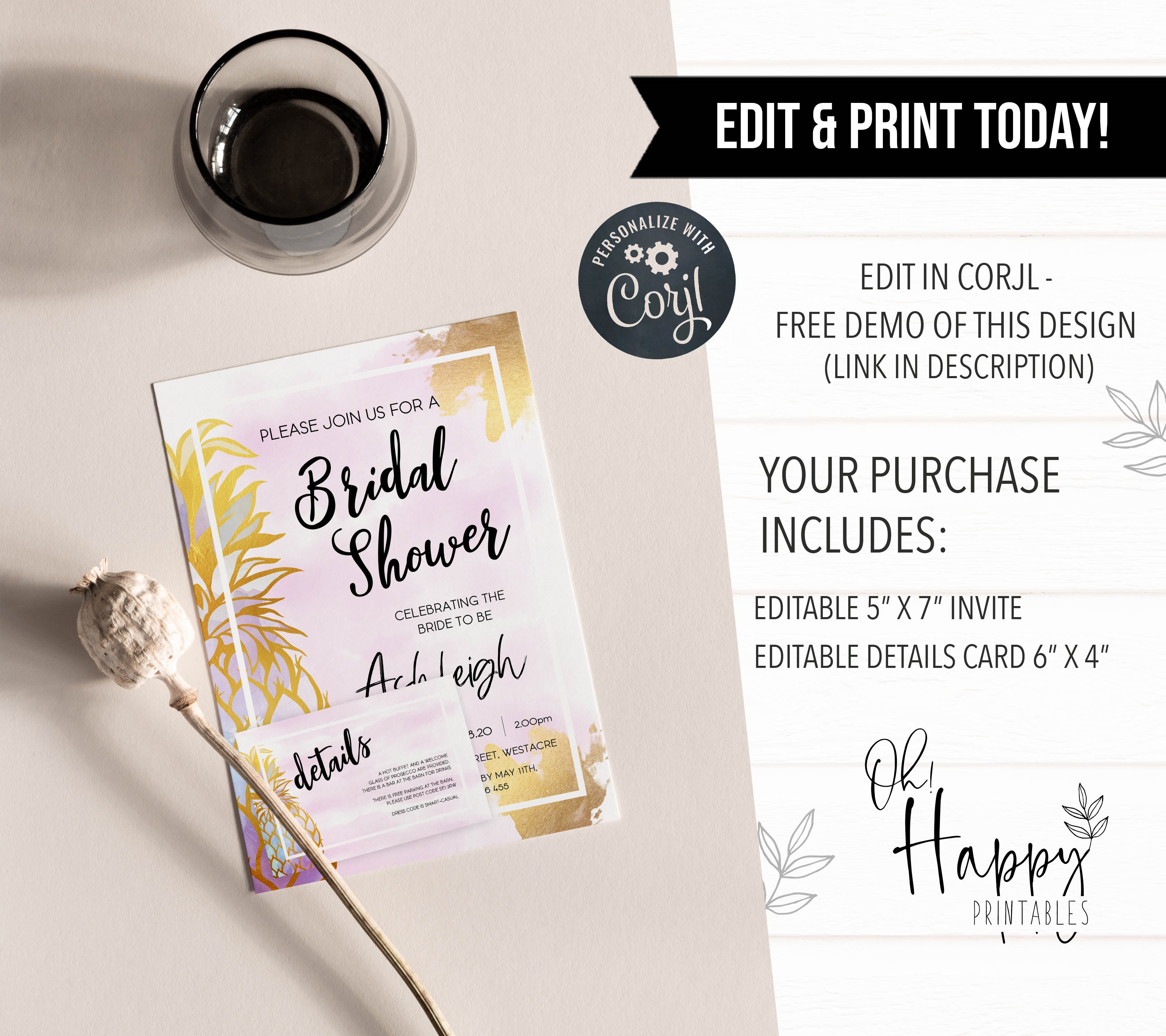 editable aloha bridal shower invitation, bridal shower invites, editable bridal invite, editable pineapple bridal shower invites