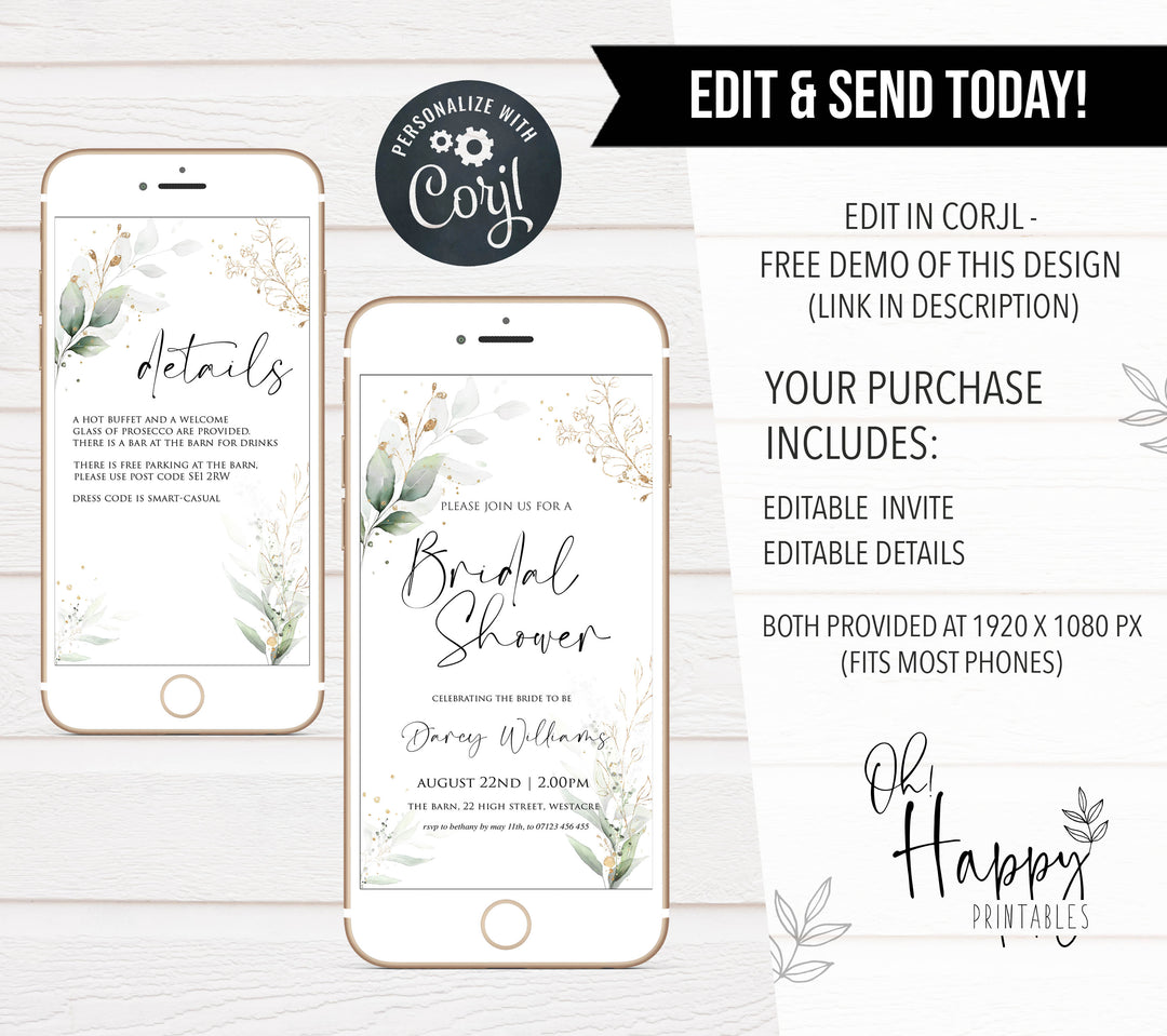 editable bridal shower invitations, printable bridal shower invites, floral bachelorette invites, hen party invitations, gold floral bridal invitations