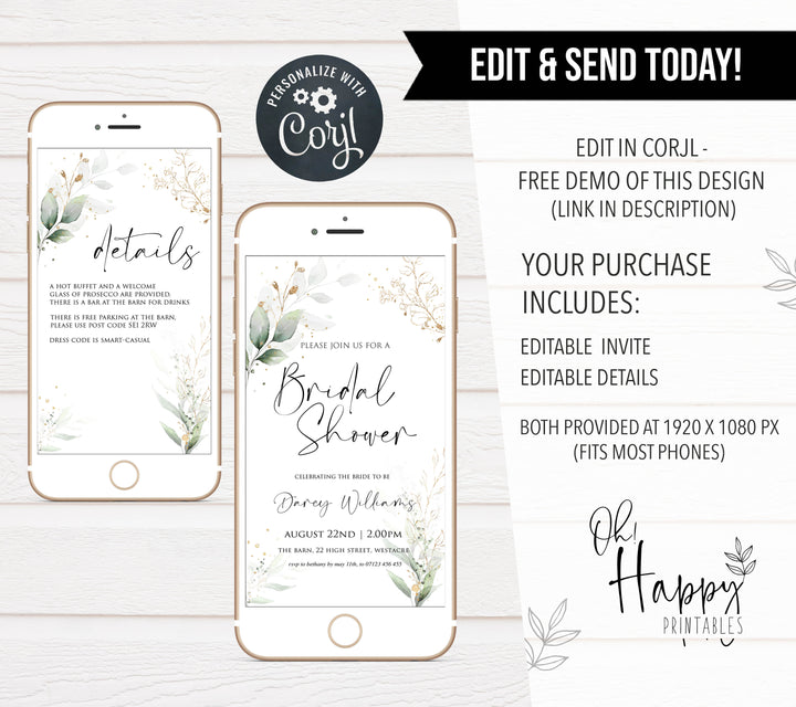 editable bridal shower invitations, printable bridal shower invites, floral bachelorette invites, hen party invitations, gold floral bridal invitations