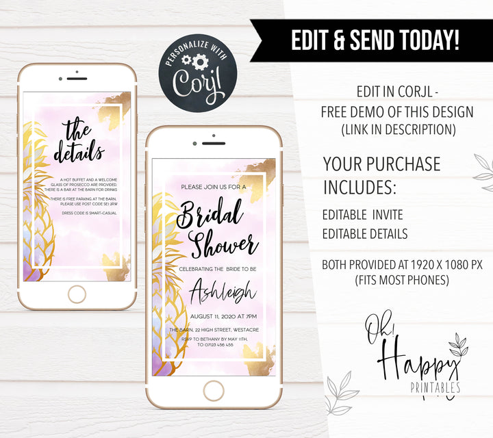 editable bridal shower invitation, editable mobile invitation, pineapple bridal shower invitation, fiesta bridal shower invite
